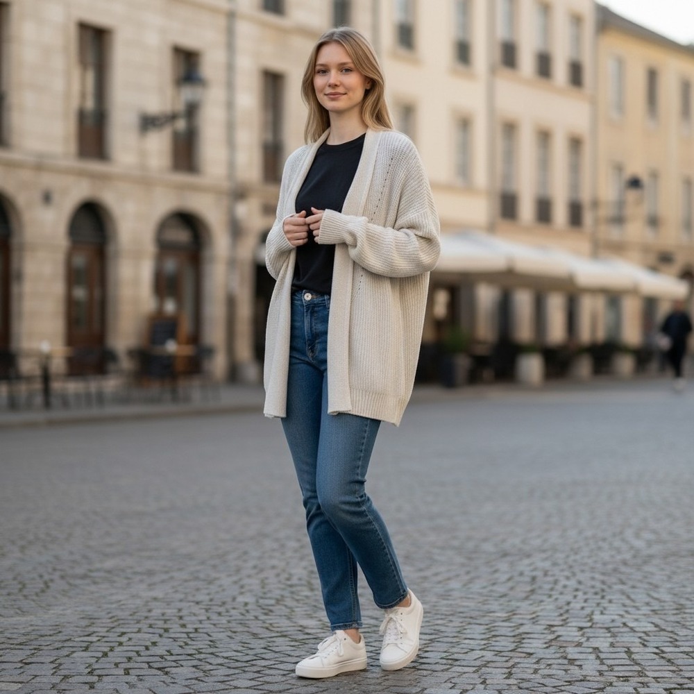 Universal thread cream open-front knit cardigan wide shawl collar drop shoulder